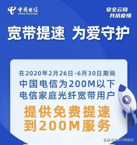 中国电信放大招，为200M宽带以下用户免费提速，网友：这次真良心