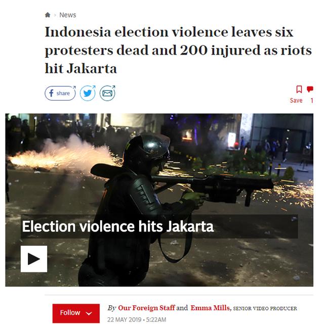 大选结果公布当天印尼发生暴力事件，6人死亡，200人受伤