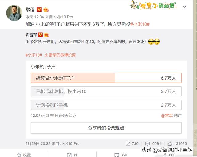 小米常程：小米6钉子户不到6万！网友：这统计数据打脸了吧