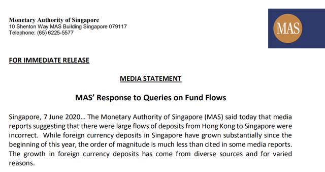 新加坡金管局：香港資金大量流入消息不實