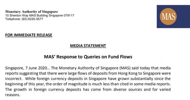 大量香港存款流入？新加坡金管局辟谣