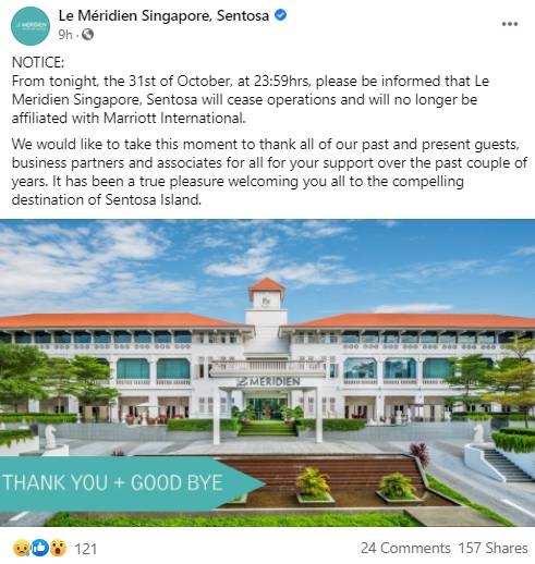 新加坡五星级圣淘沙艾美酒店宣布结束营业,并脱离万豪国际集团