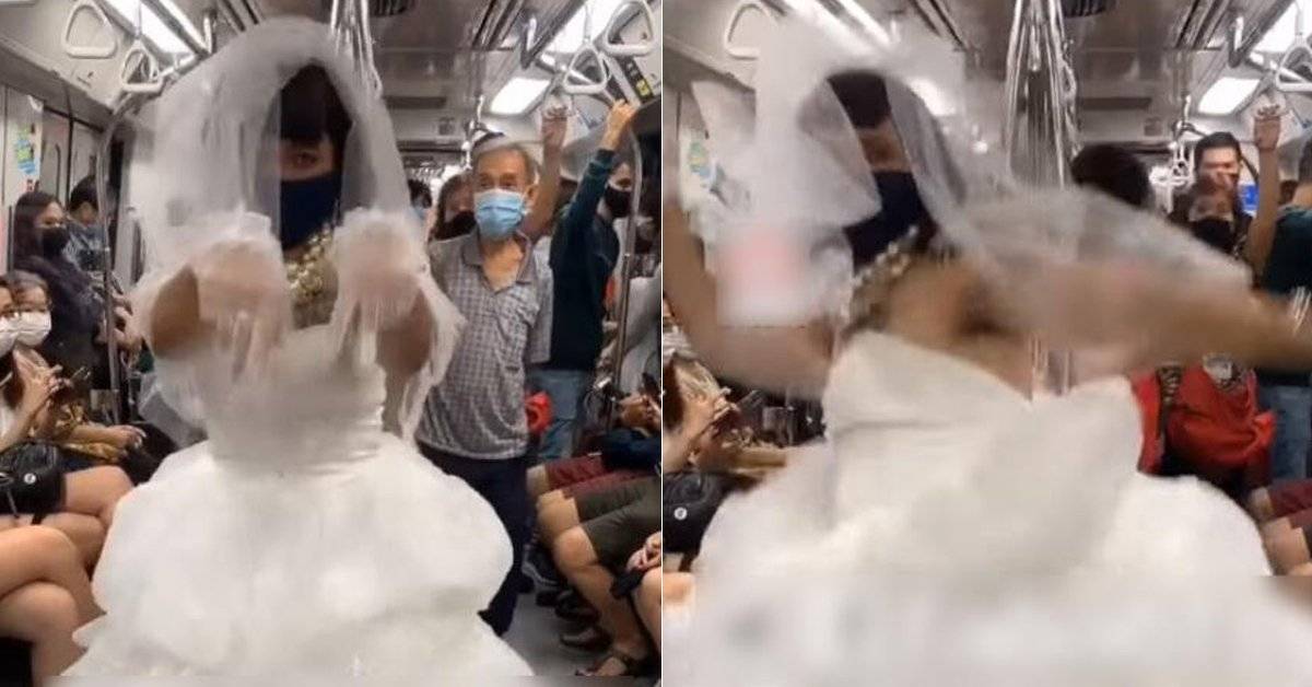 博出位 当网红 穿婚纱地铁内跳螃蟹舞
