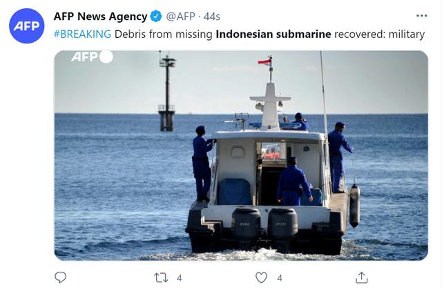 快讯！外媒：印尼搜救人员找到了载53人失踪潜艇残骸