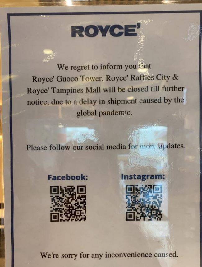 由于疫情影响 Royce’ Chocolate 新加坡暂时关闭本地3家分店