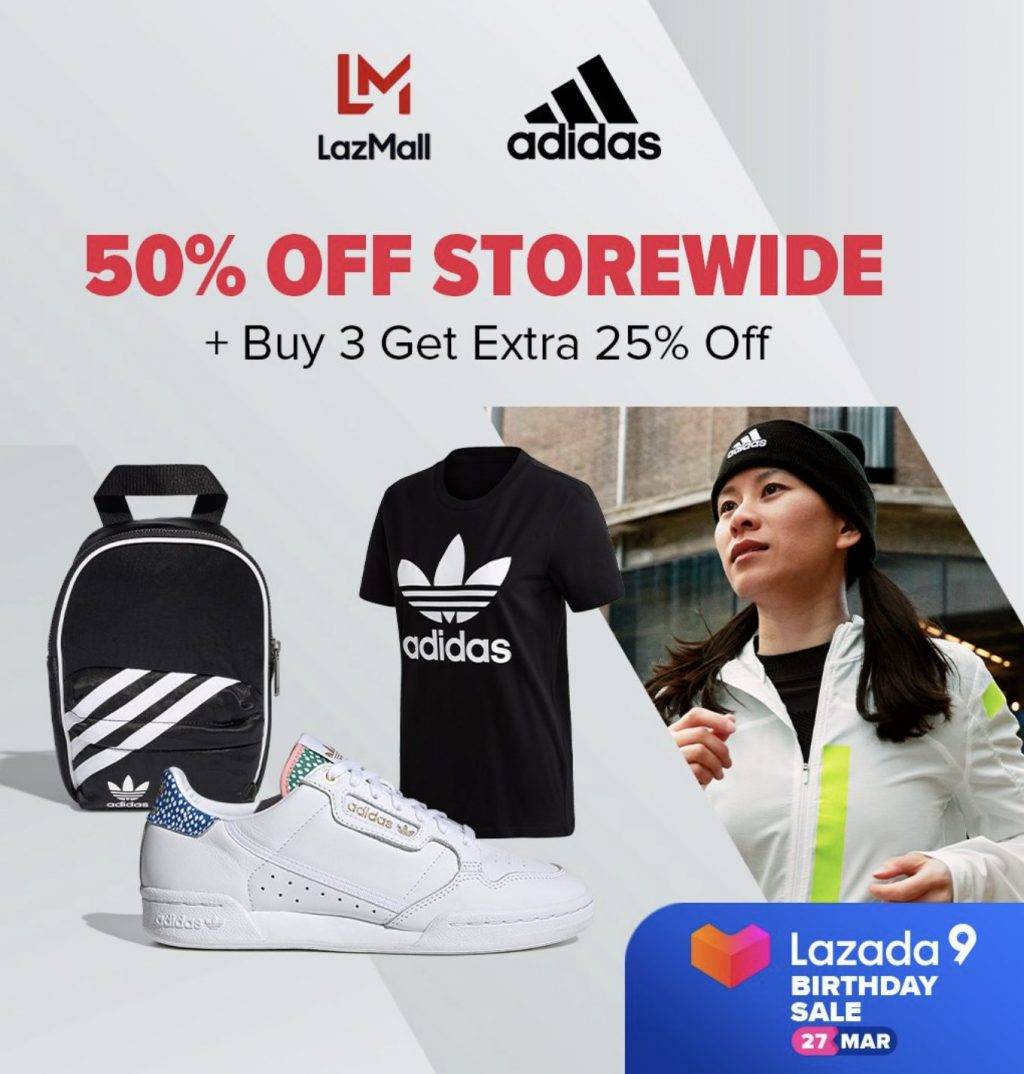 Adidas Lazada旗舰店闪促活动，全场5折+买3件额外75折！仅限3月27日一天