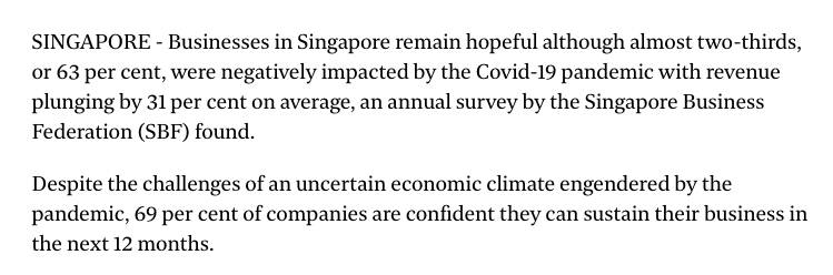 近70%的新加坡企业有信心在后疫情时期保持良好经营