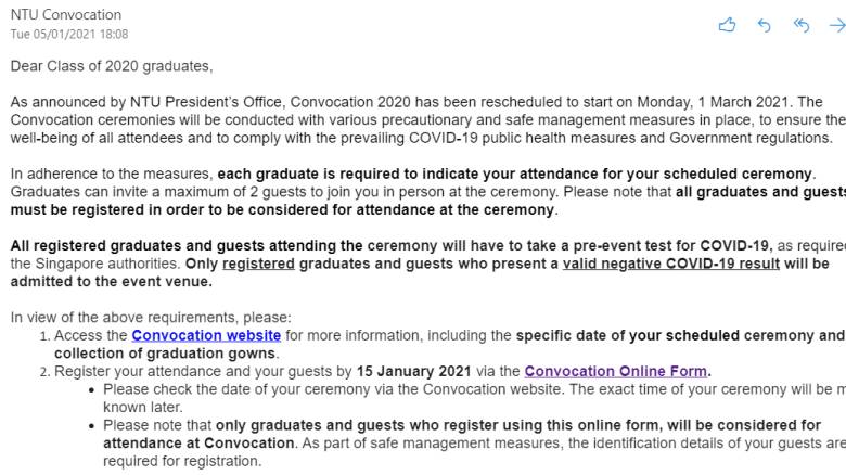 新加坡南洋理工大学毕业典礼将于3月举行，出席者需进行新冠病毒检测