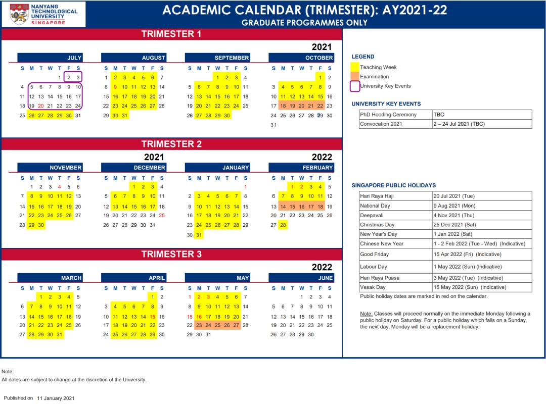 南洋理工大学 AY21/22校历及下半年重点日程活动安排