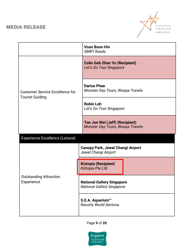 多元动态 | KIZTOPIA荣获新加坡旅游局年度最佳体验景点