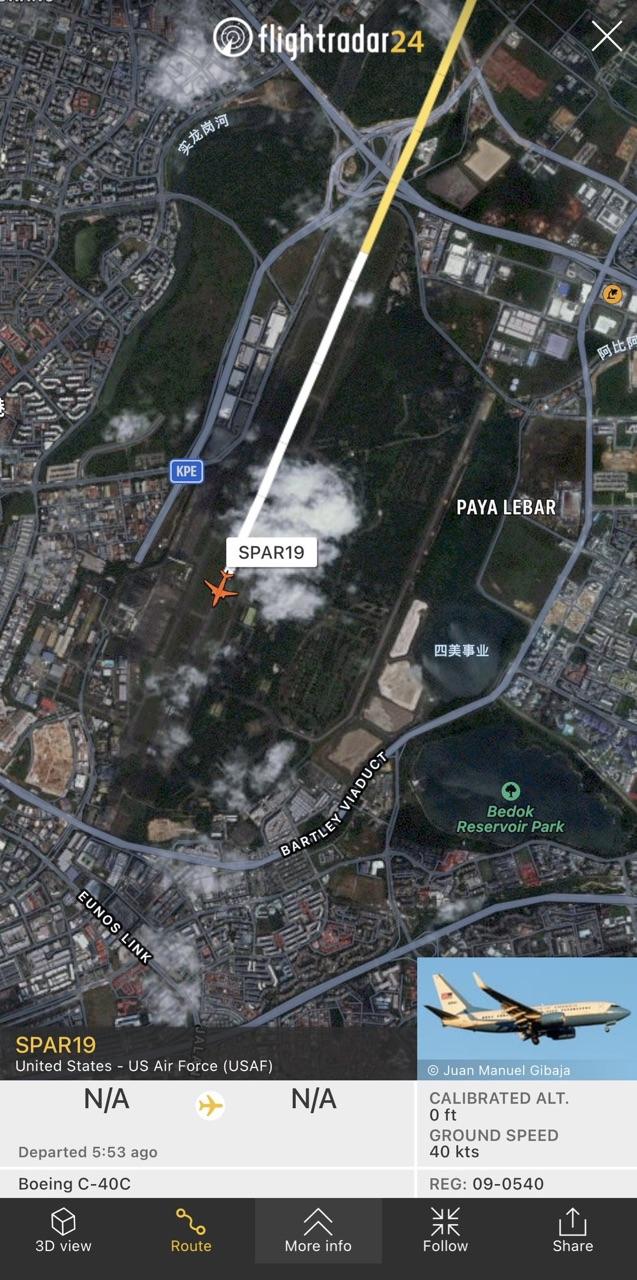 外國飛行航班信息平台：“佩洛西專機”已抵達新加坡巴耶利峇空軍基地