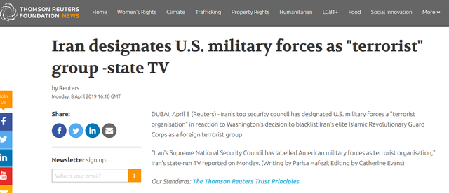 对等还击！伊朗宣布将美国军事力量列为“恐怖组织”