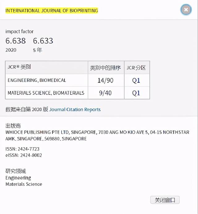 学术期刊《国际3D生物打印》跻身世界一流期刊行列