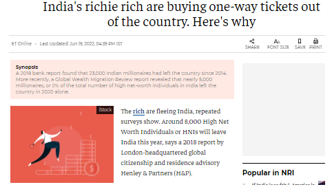 印媒：報告估計“今年將有大約8000名百萬富翁離開印度”