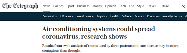 英媒：研究表明，空調系統可能傳播新型冠狀病毒