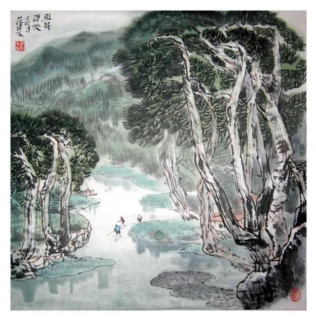 他笔下的江南山水灵秀葱郁，不失辽阔意远